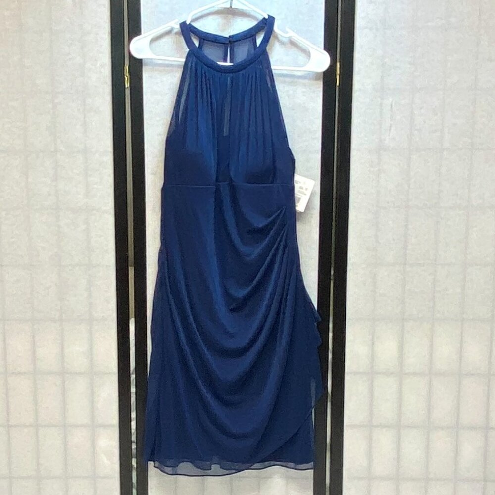 David's Bridal Sleeveless High Neck Sheer Bodice Pleated Drape Lined Dress Navy